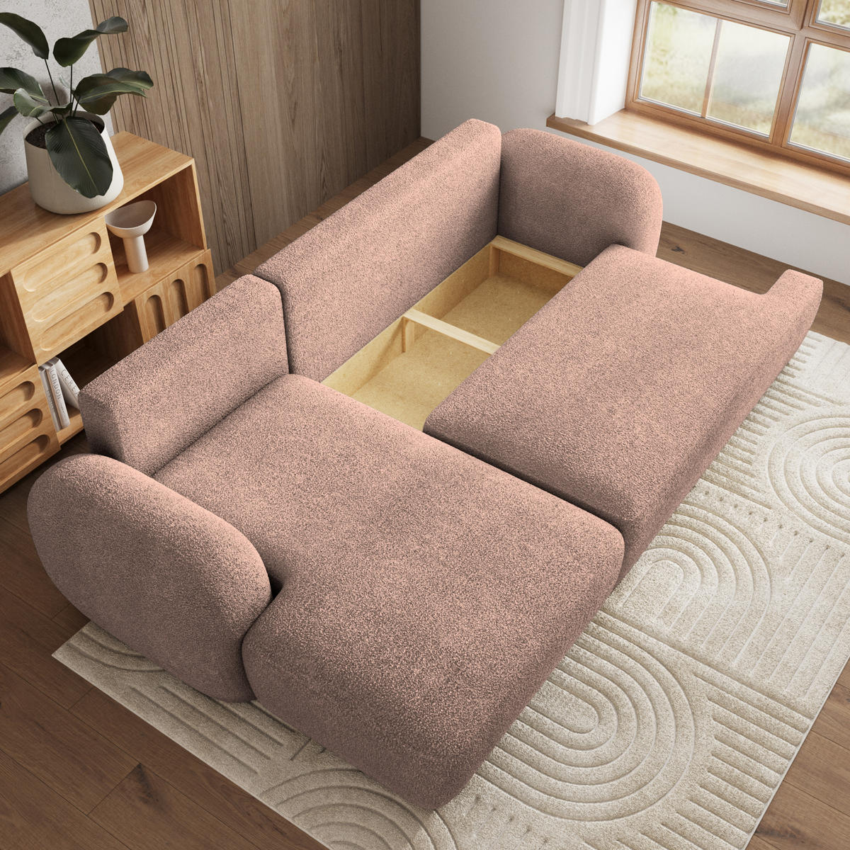 ECKSOFA MODENZA N L-S Rosa Boucle-Stoff mit Schlaffunktion - Rosa, Holz (266/148cm) - MASSENO