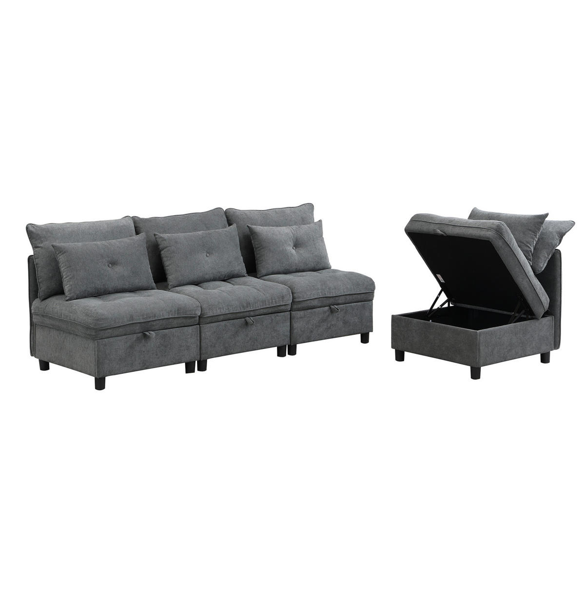MODULÁRNA pohovka s poťahom chenille, 4-miestna, antique gray, s úložným priestorom a lôžkom,274/76/87 cm - tmavosivá, plast (274/87/76cm) - BEAOK
