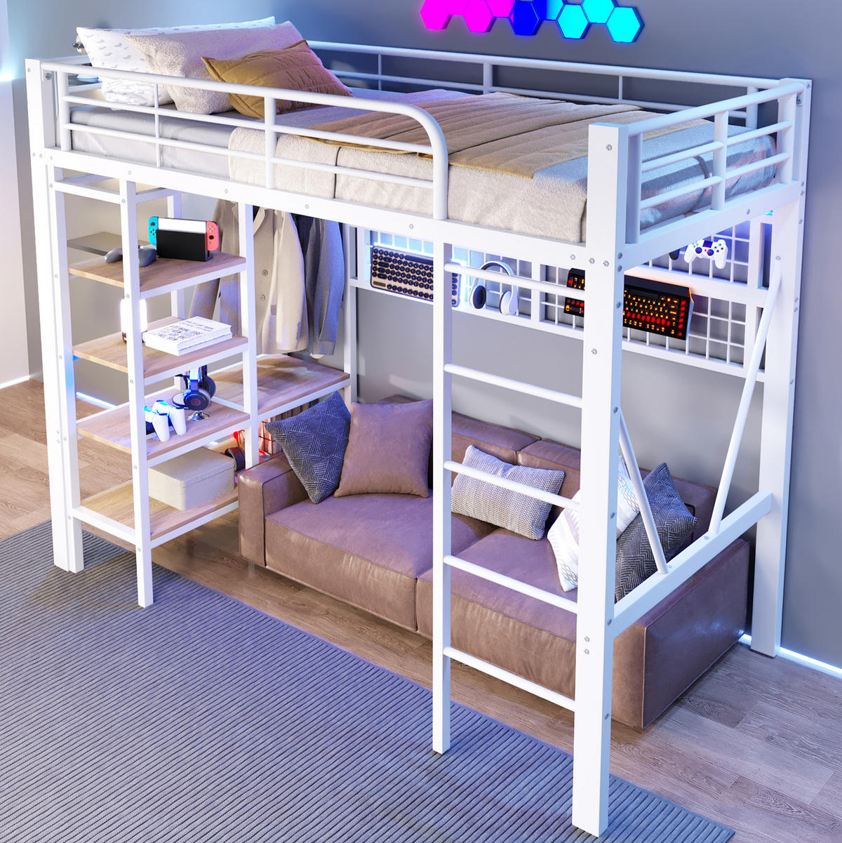 HOCHBETT 90/200 cm aus Metall mit LED-Lichtleiste und Kleiderstange Weiß - Weiß, Metall (90/200cm) - Modenvie
