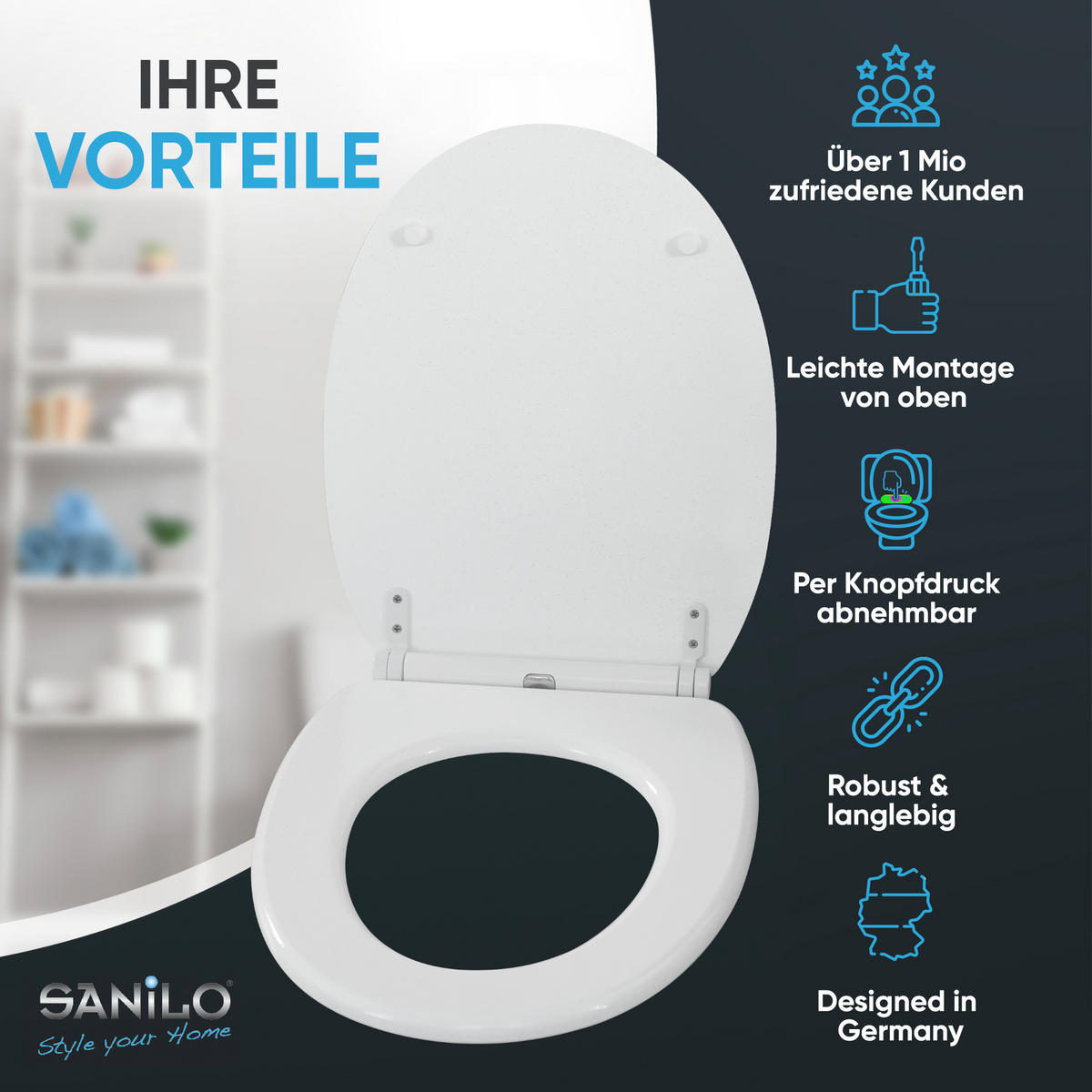 WC-SITZ mit Absenkautomatik & Top Fix Glitzer Weiß - Weiß, Holzwerkstoff (37.7/5.5/48cm) - Sanilo