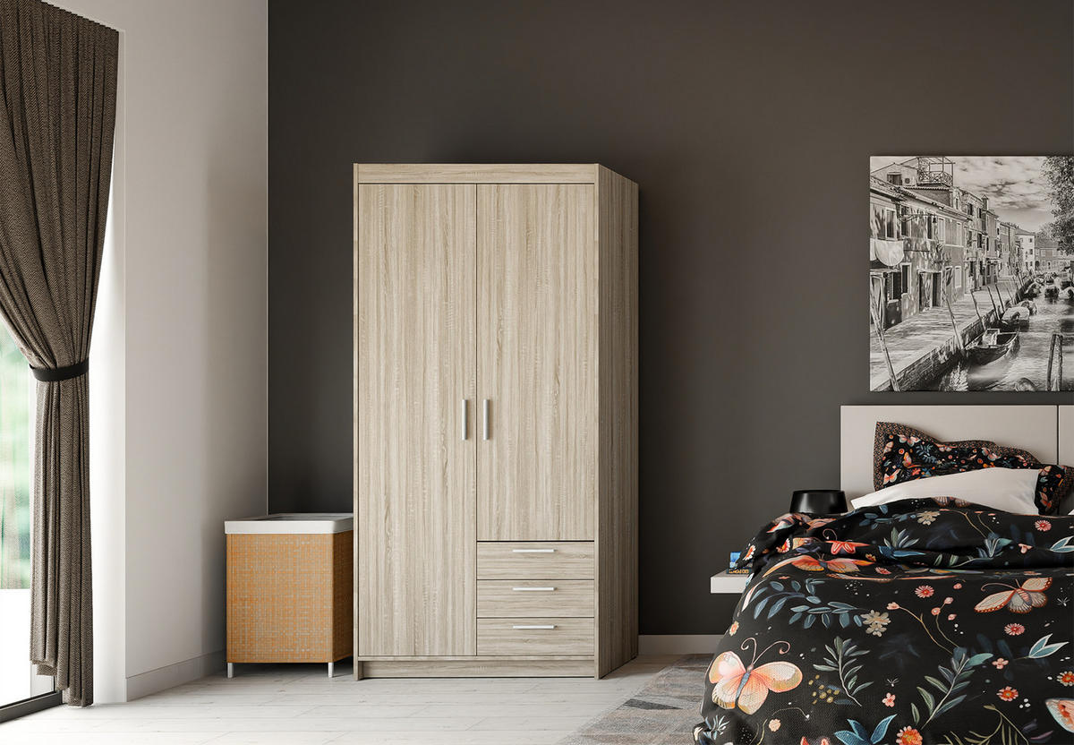KLEIDERSCHRANK Storicos Sonoma Eiche 89,7/190,5/53 cm - 2T3S Modern mit Schubladen - Beige, Holzwerkstoff/Kunststoff (89.8/190.5/53cm) - AX Living