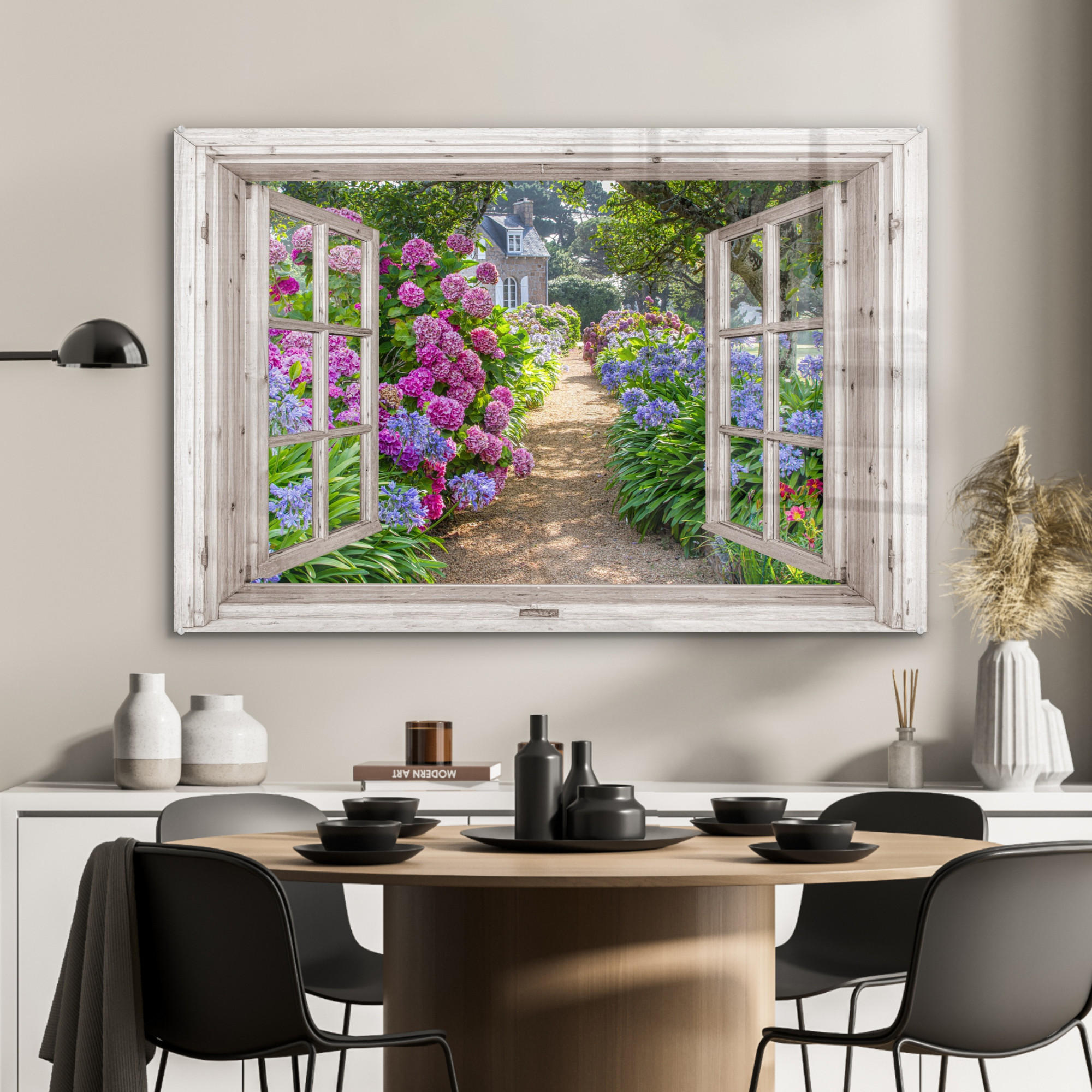 ACRYLGLASBILD Hortensie - Fensterblick - Blumen - Sommer - Lila - Weg 90x60 cm - Lila, Glas (90/60cm) - MuchoWow