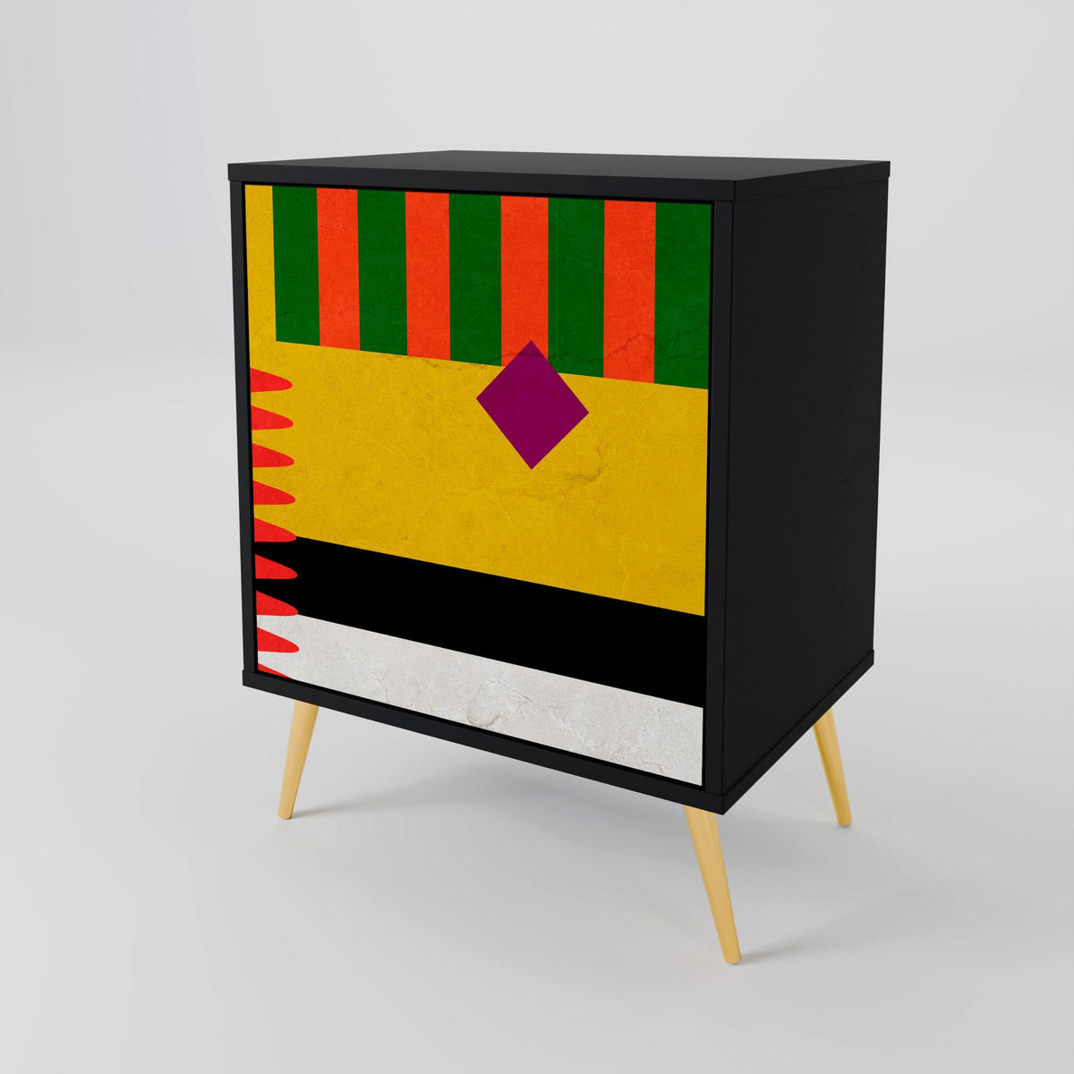 SIDEBOARD VIVID ART, Schwarz, 57,5x42x72,5 cm, Schwarze Metallfüße - Multicolor/Schwarz, Holzwerkstoff/Metall (57.5/72.5/42cm) - SpaceRebels
