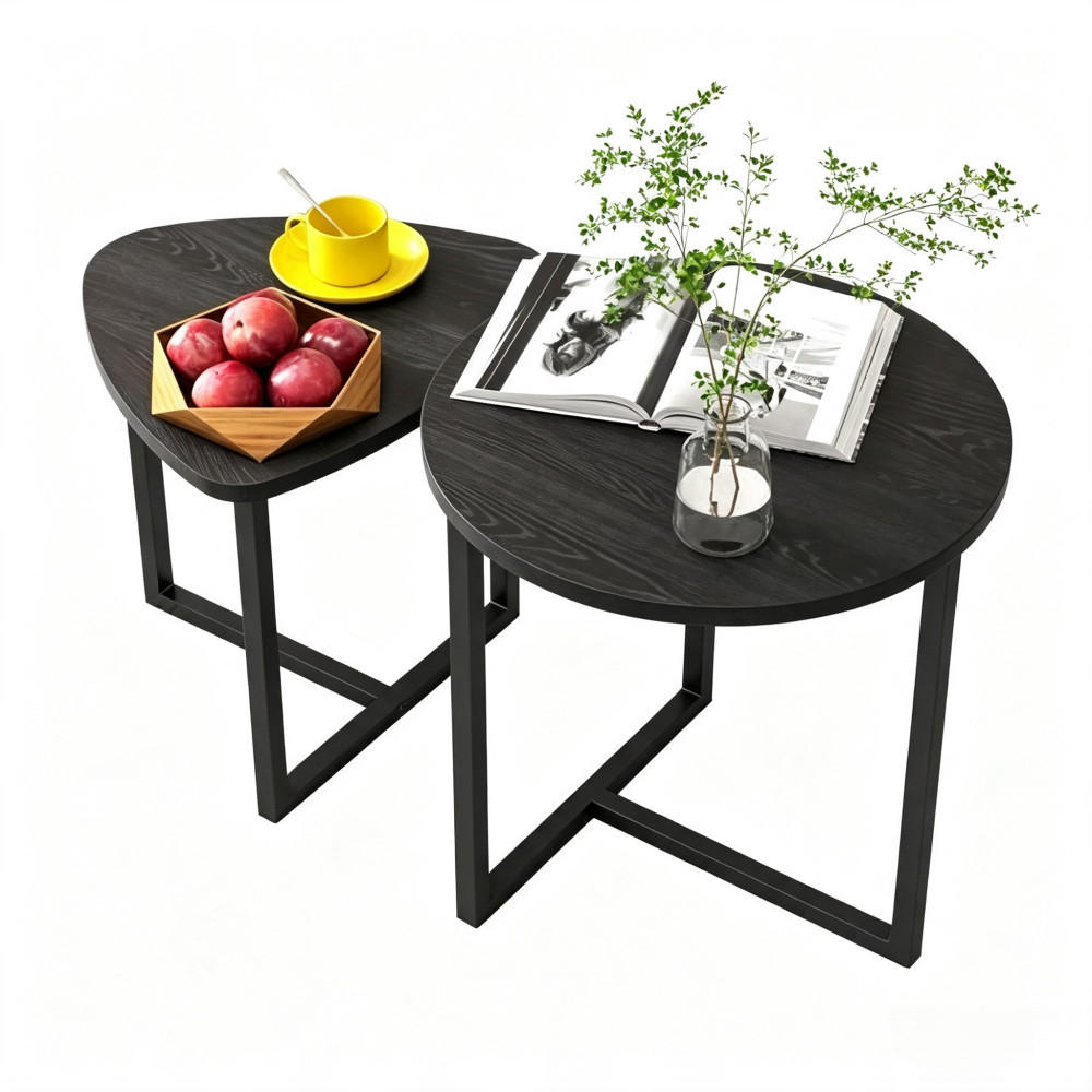 COUCHTISCH 2-tlg Rund 45x48cm Holz-Metallgestell Industrial-Design Sofatisch - Schwarz, Metall (50/48/9cm) - Raelunyi