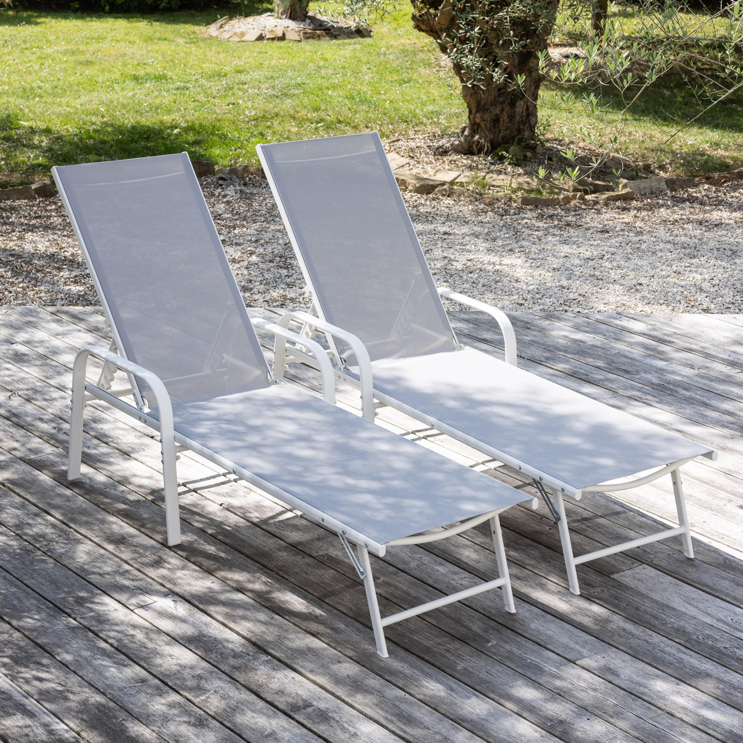 SONNENLIEGEN Sardinia Grau und weiß 2er-Set - Hellgrau, Kunststoff (60.5/87.5/192.5cm) - Happy Garden