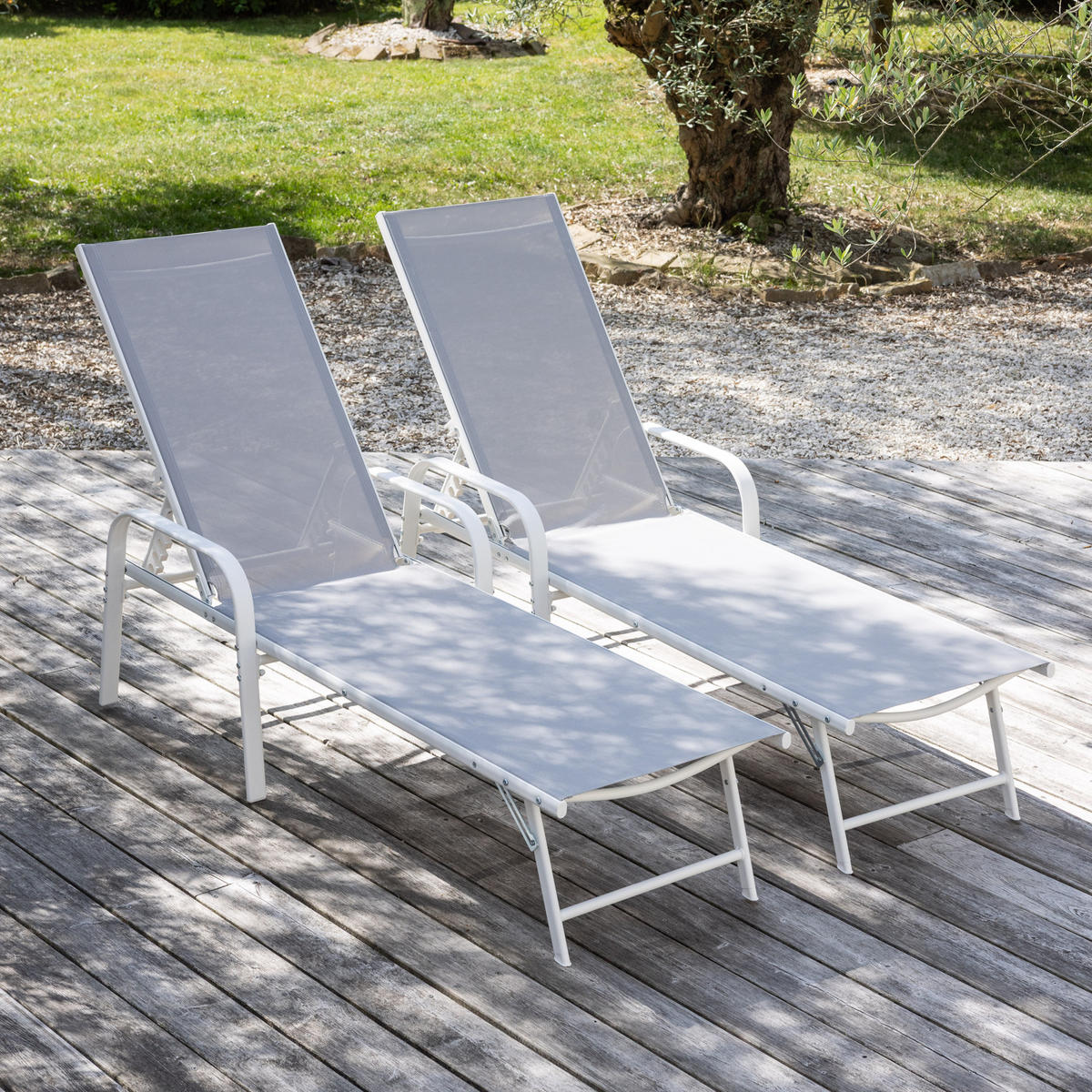 SONNENLIEGEN Sardinia Grau und weiß 2er-Set - Hellgrau, Kunststoff (60.5/87.5/192.5cm) - Happy Garden
