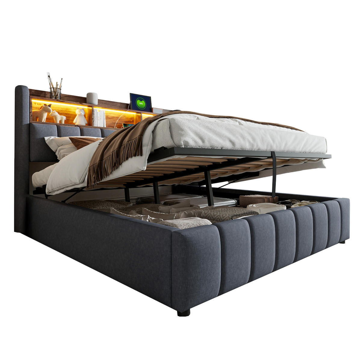 POLSTERBETT 180/200 cm grau LED-Beleuchtung mit Stauraum und USB-Anschluss - Grau, Textil (180/200cm) - OKWISH