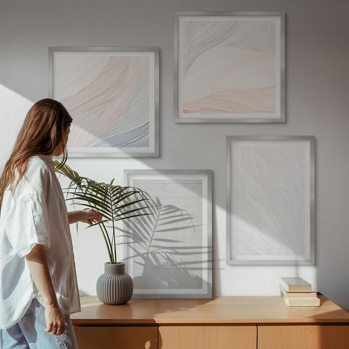 BILDER SET 4er Set - 50x50 cm & 40x60 cm Silberner Rahmen - Leuchtende Strukturen, Sandmuster - Silberfarben, Kunststoff (50/50cm) - TULUP
