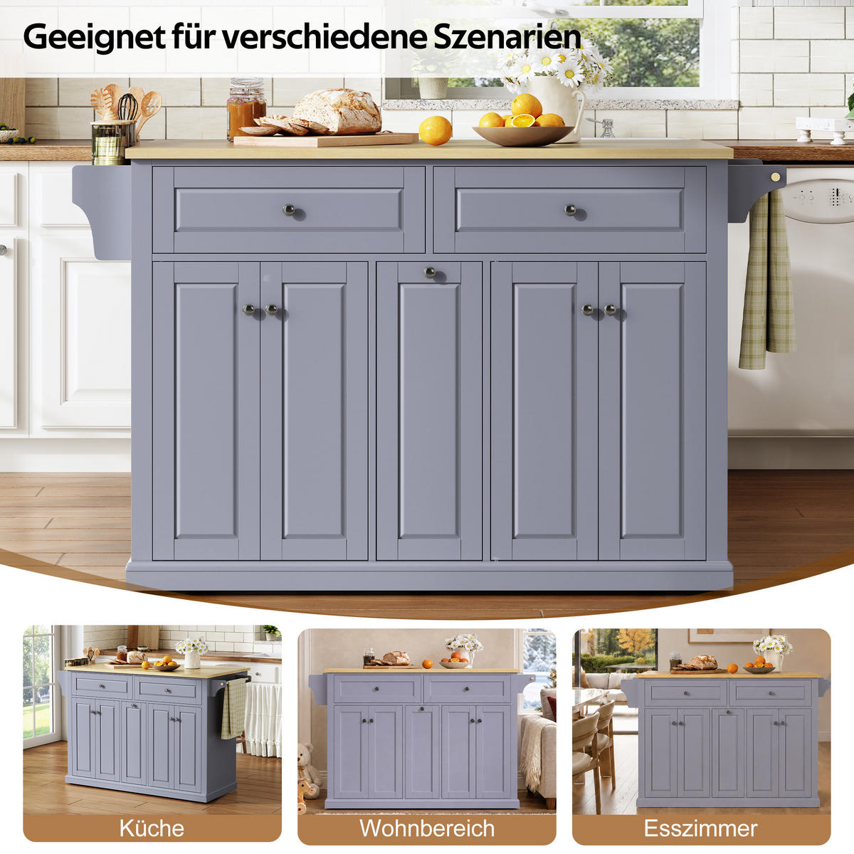 KÜCHENINSEL 121/49/89 cm Grau mit klappbarer Arbeitsplatte, 3 Schubladen und feststellbaren Rollen - Grau, Holz/Holzwerkstoff (69/89/121cm) - Oxeza