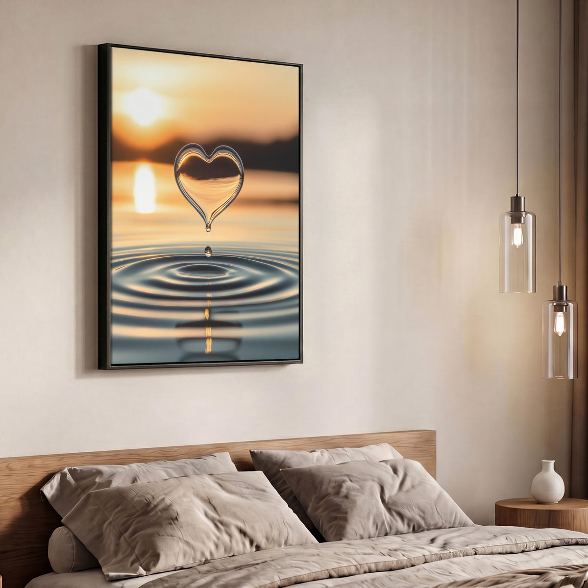 LEINWAND Bilder mit Rahmen - Herz - Wasser - Sonnenuntergang - Natur - Zen - 70x100 - Bernsteinfarben, Textil (70/100cm) - MuchoWow