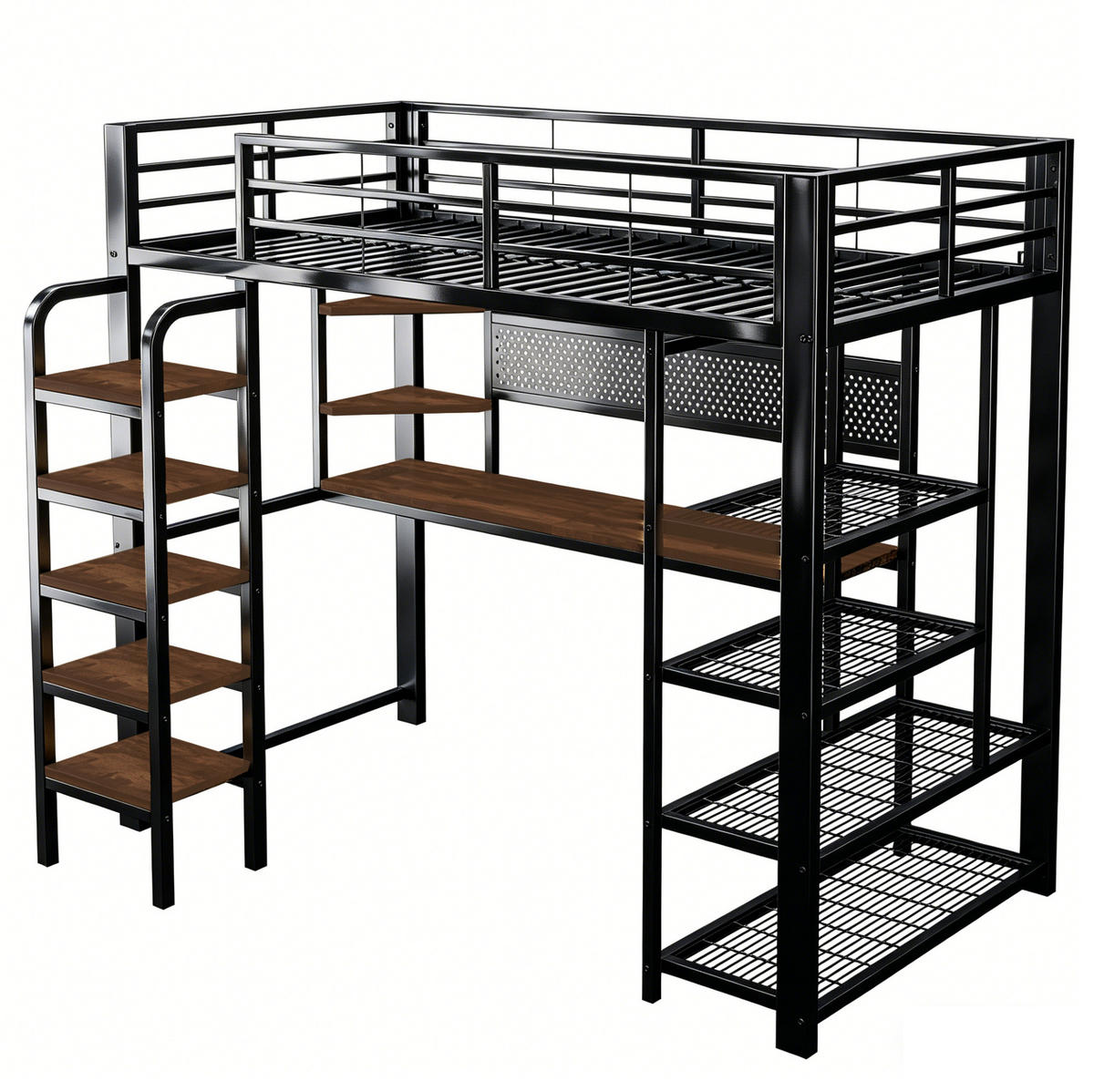 HOCHBETT 90/200 cm aus Metall und Holz mit LED-Beleuchtung und Schreibtisch Schwarz - Schwarz, Metall (90/200cm) - Modenvie