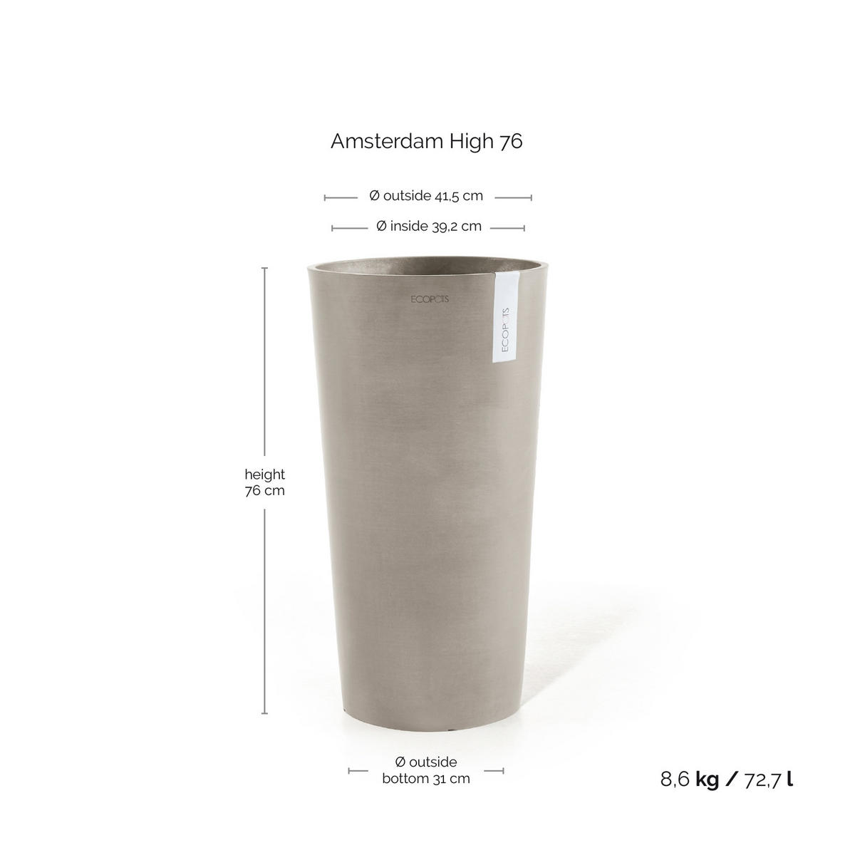 BLUMENTOPF Amsterdam High 41,5/76,8 cm Taupe - Taupe, Kunststoff (41.5/76.8cm) - Ecopots