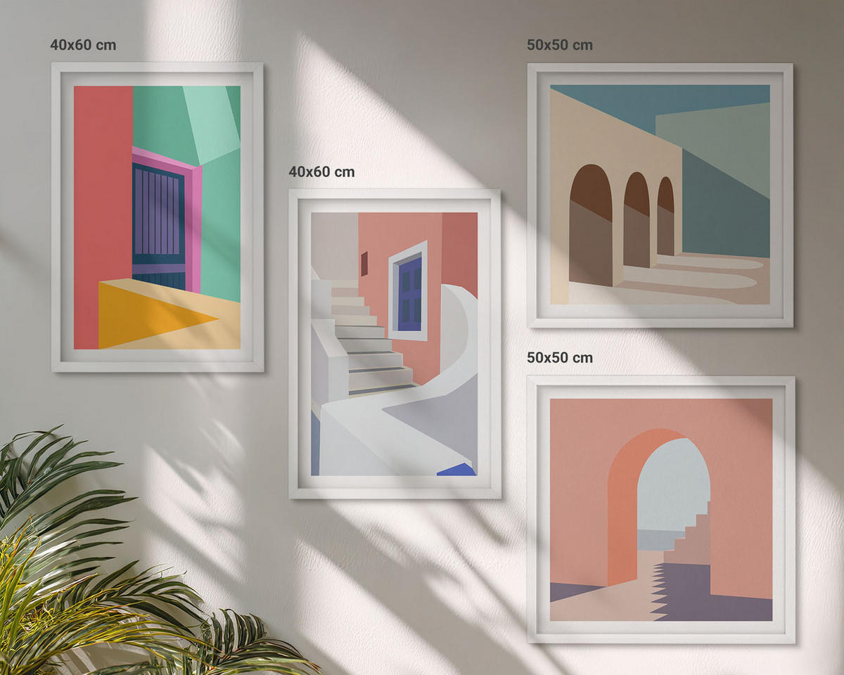 BILDER SET 4er Set - 50x50 cm & 40x60 cm Weißer Rahmen - Farbenfrohe moderne Gebäude - Weiß, Kunststoff (50/50cm) - TULUP