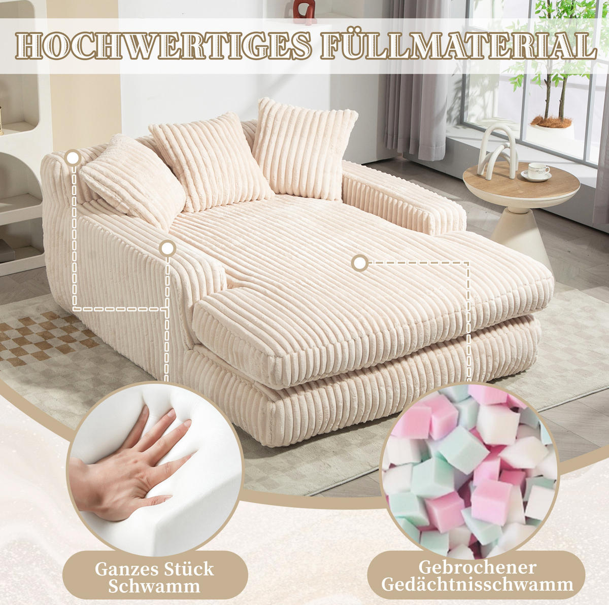 BIGSOFA Chaiselongue Cord mit 3 Kissen 125/155/63 cm Beige - Beige, Textil (63/125/155cm) - Redom