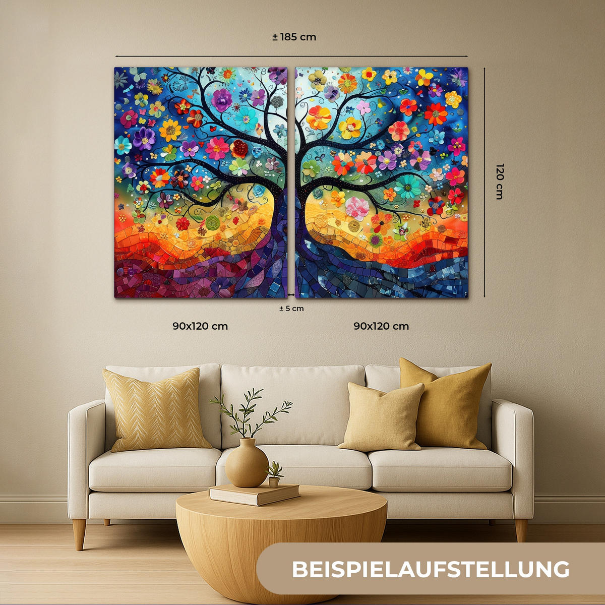 OBRAZ NA PLÁTNĚ 2dílná sada Barevné - Strom života - Květiny - Abstraktní 180x120 cm - modrá, textil (180/120cm) - MuchoWow