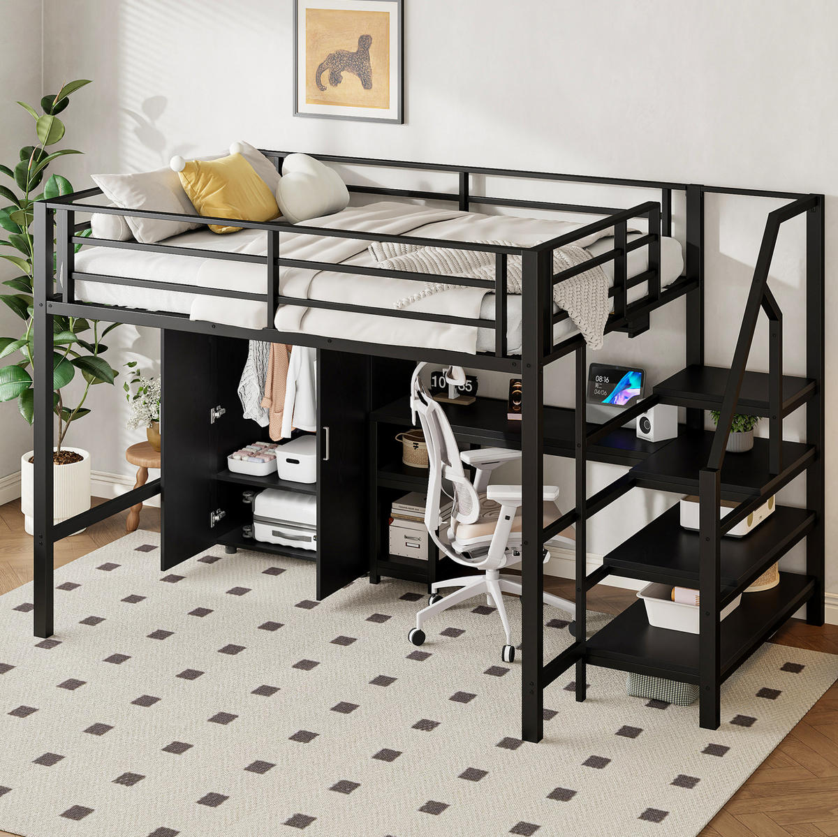 HOCHBETT 140/200 cm Schwarz mit Kleiderschrank und Schreibtisch ohne Matratze - Schwarz, Metall (140/200cm) - MIVRAY