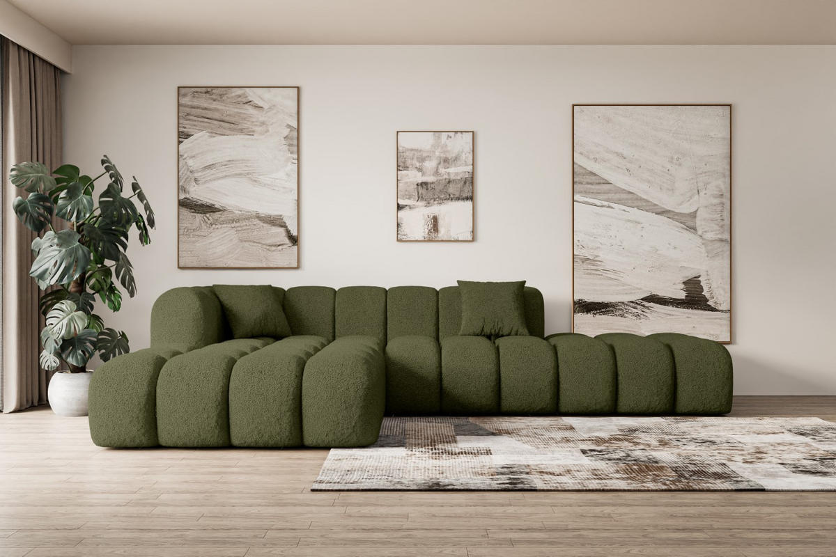 ECKSOFA Ottomane Links OLEA-L2 - 289x176x71 cm Grün Bouclé - Schwarz/Grün, Holzwerkstoff/Kunststoff (190/309cm) - ALTDECOR