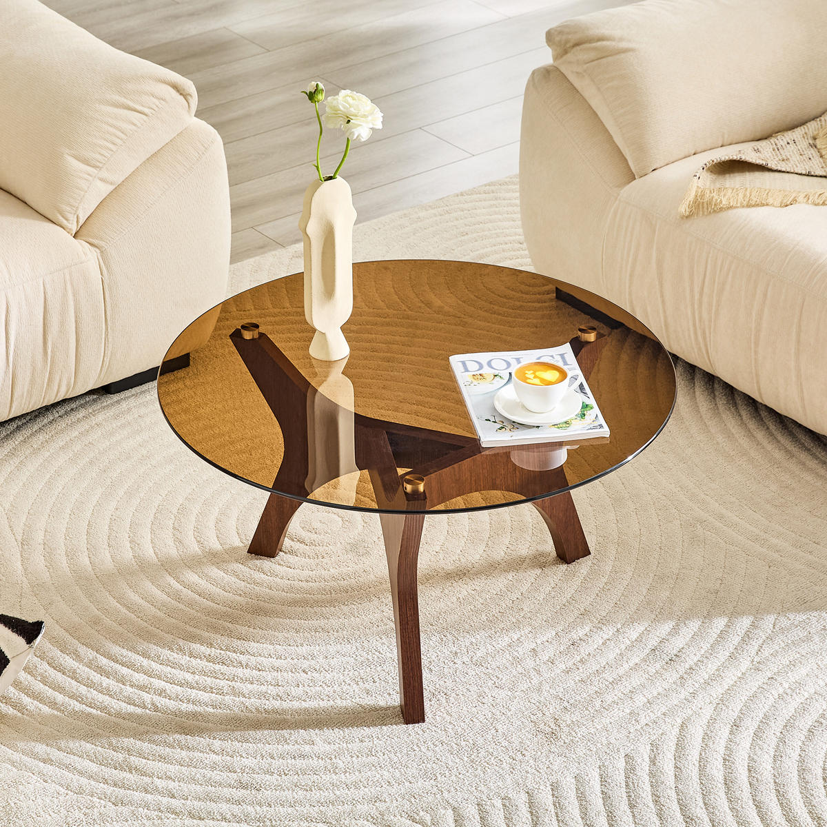 COUCHTISCH in Braun Runder Kaffeetisch für Wohnzimmer, Büro & Lounge, Hitze- & Kratzfest, 80/80/42.2 - Braun, Glas/Holzwerkstoff (80/80/42.2cm) - STILVORA