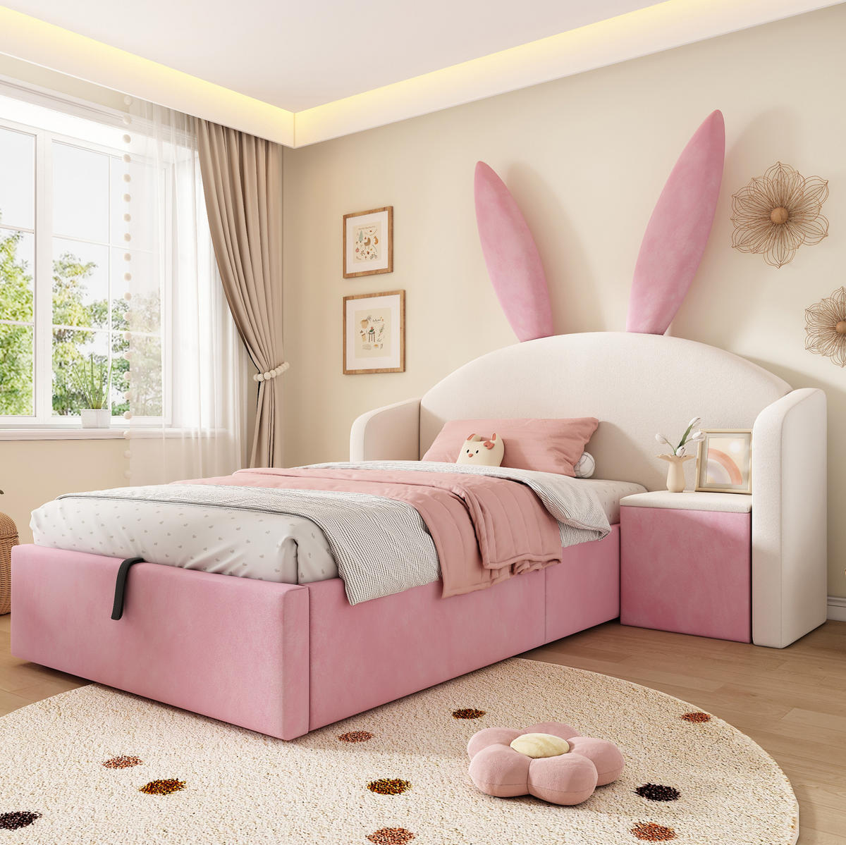 JUGENDBETT 90/200 cm aus Samt mit Stauraum, Nachttisch und Hasenohren-Design Beige/Rosa - Beige, Textil (90/200cm) - Modenvie