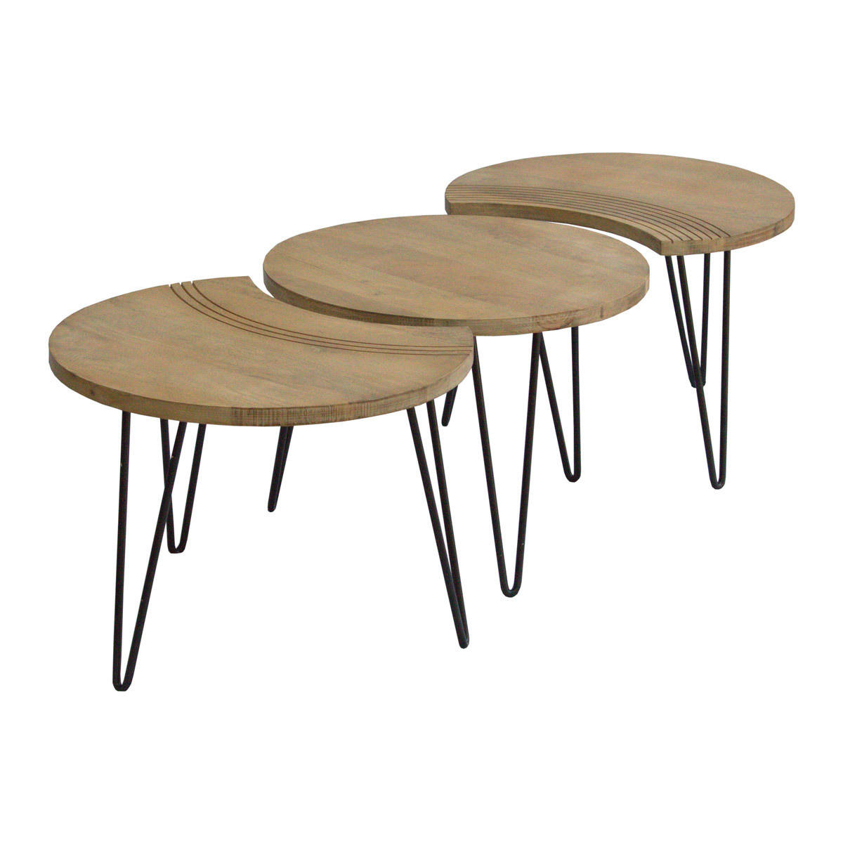 COUCHTISCH Strukturiert Mangoholz Schwarzes Metall 3er-Set VIBES - Naturfarben, Holz (145/60/45cm) - Miliboo