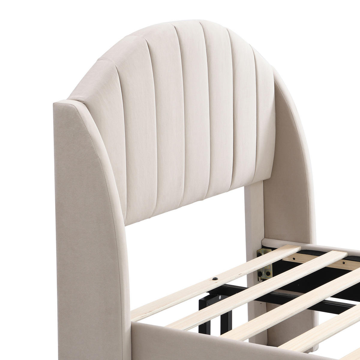 POLSTERBETT 90/200 cm mit Lattenrost, hohem Kopfteil und Holzfüßen aus Samt, Beige - Beige, Textil (90/200cm) - Redom