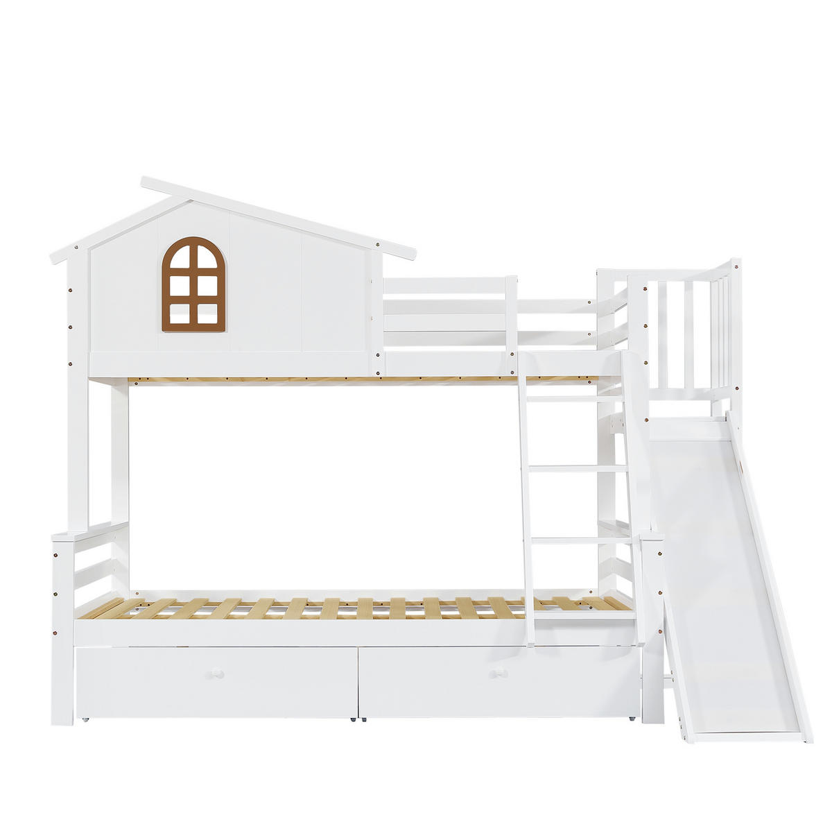 ETAGENBETT 90/200 cm weiß aus Kiefer mit Rutsche und Schubladen - Weiß, Holz (90/200cm) - OKWISH