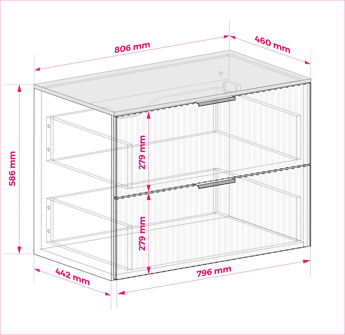 WASCHBECKUNTERSCHRANK, Eiche Craft, 80 x 57 x 46 cm, goldener Griff + Arbeitsplatte - Eichefarben/Goldfarben, Holzwerkstoff (80/57/46cm) - 3XE LIVING
