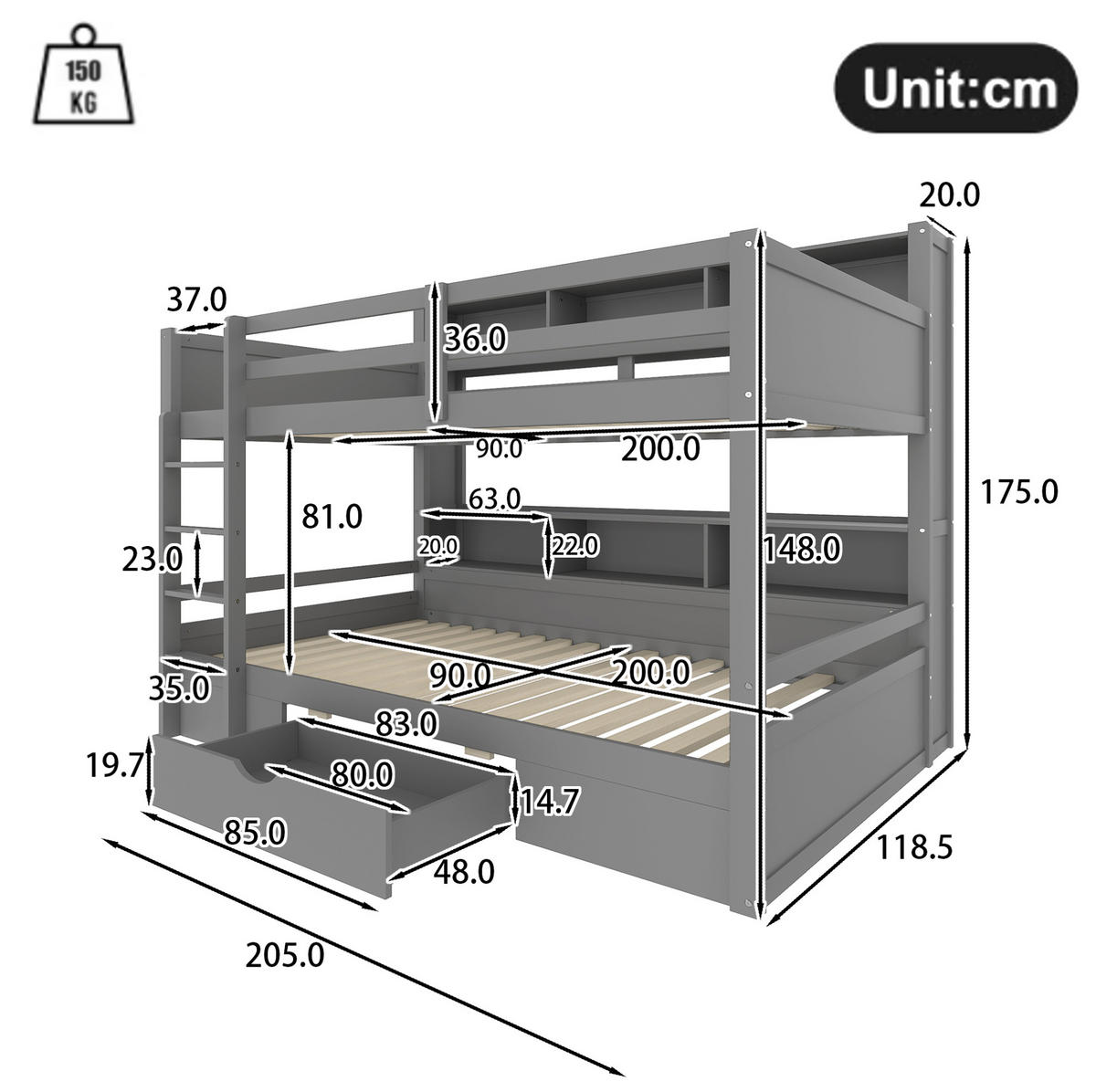 ETAGENBETT 90/200 cm aus Kiefern mit Schublade und Ablagefächern, Grau - Grau, Holzwerkstoff (90/200cm) - Redom