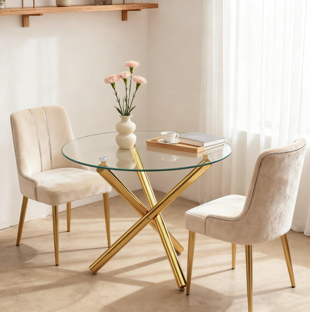 ESSTISCH 80/76/80 cm Gold aus Glas und Metall mit Kreuzfuß - Goldfarben, Metall (80/80/76cm) - OKMYHOME