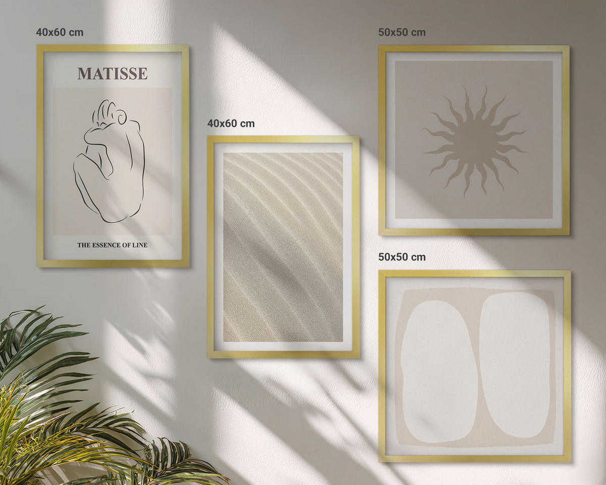 BILDER SET 4er Set - 50x50 cm & 40x60 cm Goldrahmen - Minimalistische Sandwellen - Goldfarben, Kunststoff (50/50cm) - TULUP