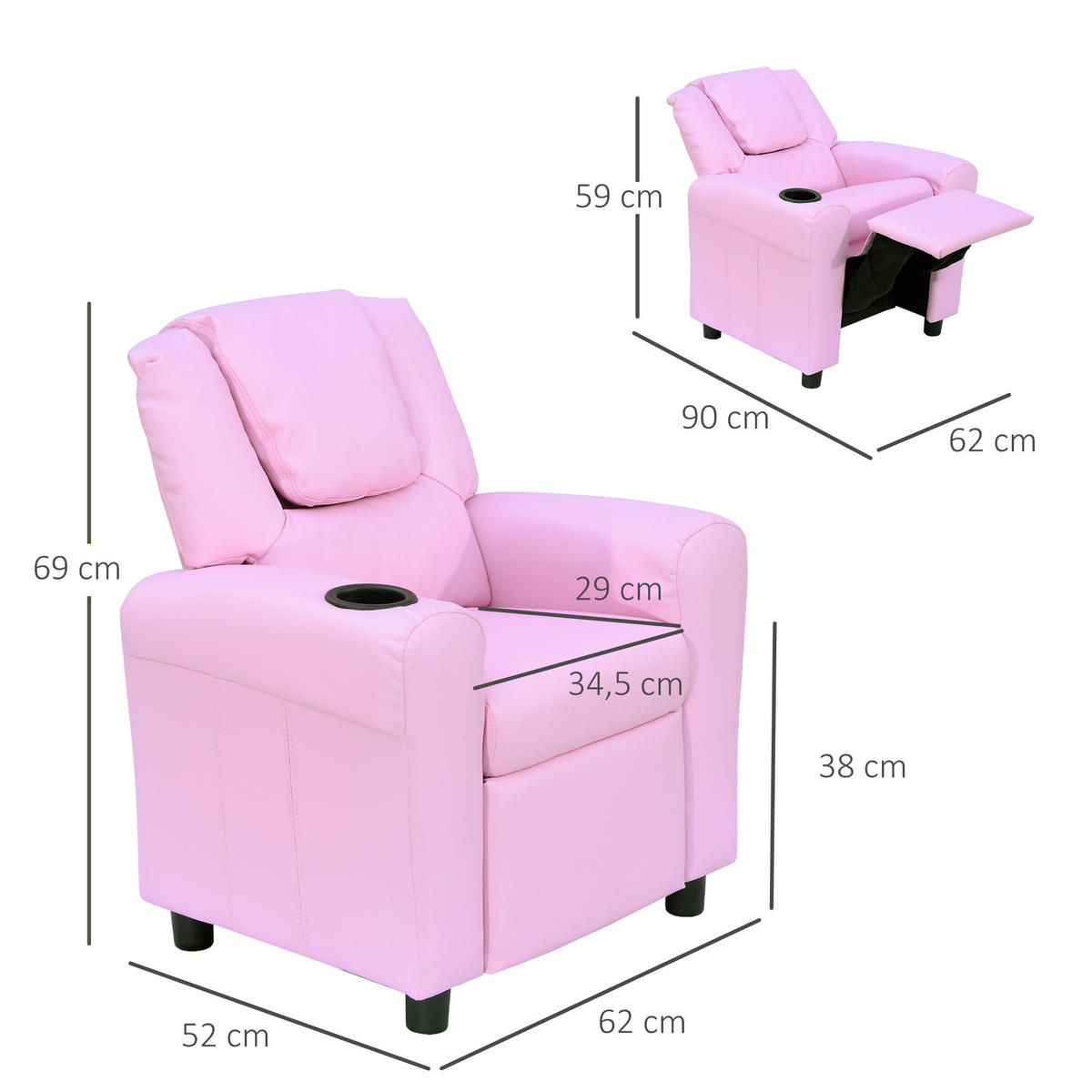 KINDERSESSEL, Rosa, Schaumstoff, Metall - Rosa, Kunststoff (56/69/62cm) - HOMCOM