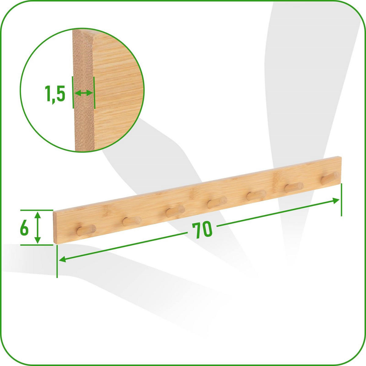 WANDGARDEROBE Bambus Naturfarben 70 x 6 cm mit 7 Haken - Naturfarben, Naturmaterialien (70/6/6cm) - Begryf
