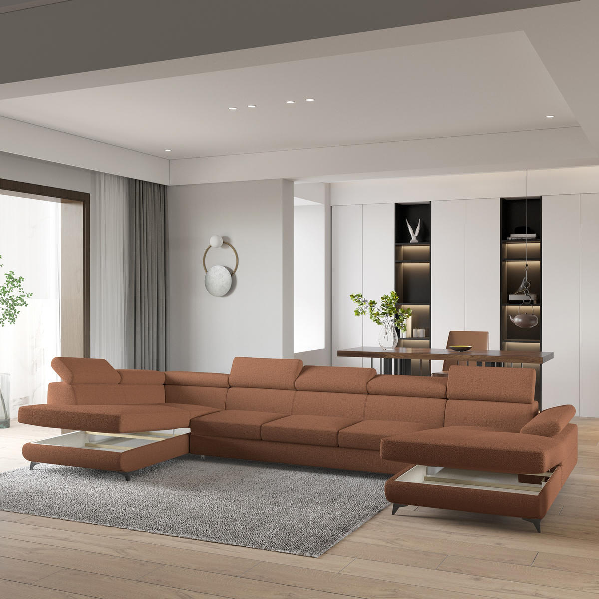 WOHNLANDSCHAFT MONTIVA Kupferfarben Boucle-Stoff mit Schlaffunktion - Kupferfarben, Holz (410/89/190cm) - MASSENO