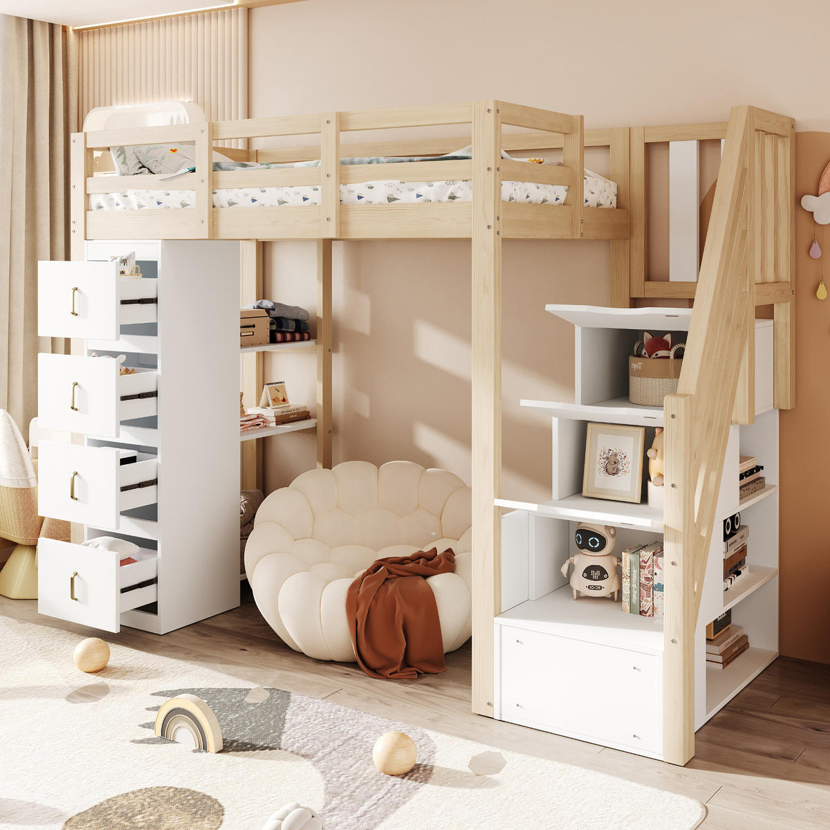 HOCHBETT 90/200 cm in Naturholz mit 4 Schubladen, Regal und Sicherheitsleiter - Weiß/Naturfarben, Holz/Holzwerkstoff (90/200cm) - WISHDOR