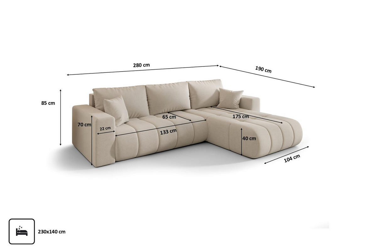 ECKSOFA mit schlaffunktion und bettkasten MILO PREMIUM, stoff WIND, Beige, Rechts - Beige, Holz (280/190cm) - Kaiser Möbel