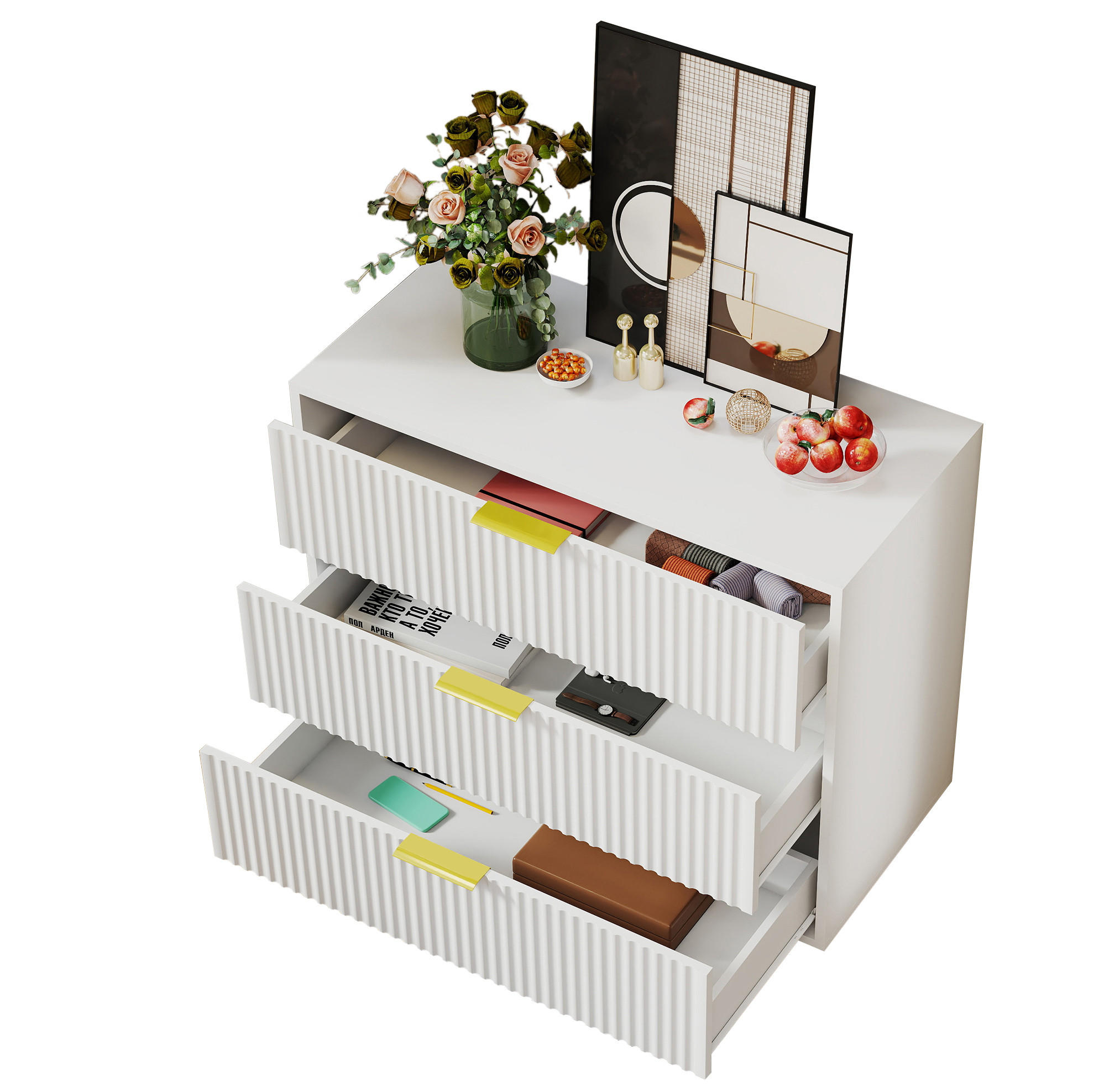 KOMMODE 80/40/72 cm mit 3 Schubladen und goldfarbenen Metallgriffen - Weiß, Holzwerkstoff (80/72/40cm) - BEAOK
