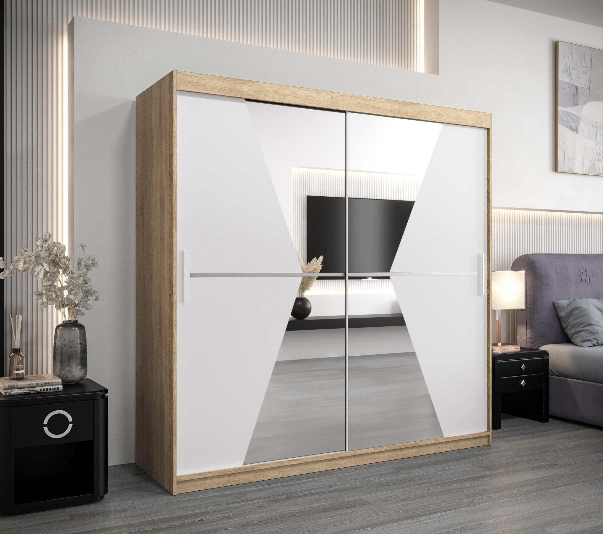 SCHWEBETÜRENSCHRANK 200/200/62 2-türig - Silberfarben/Weiß, Holz/Kunststoff (200/200/62cm) - Abiks Möbel