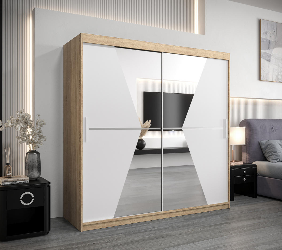 SCHWEBETÜRENSCHRANK 200/200/62 2-türig - Silberfarben/Weiß, Holz/Kunststoff (200/200/62cm) - Abiks Möbel