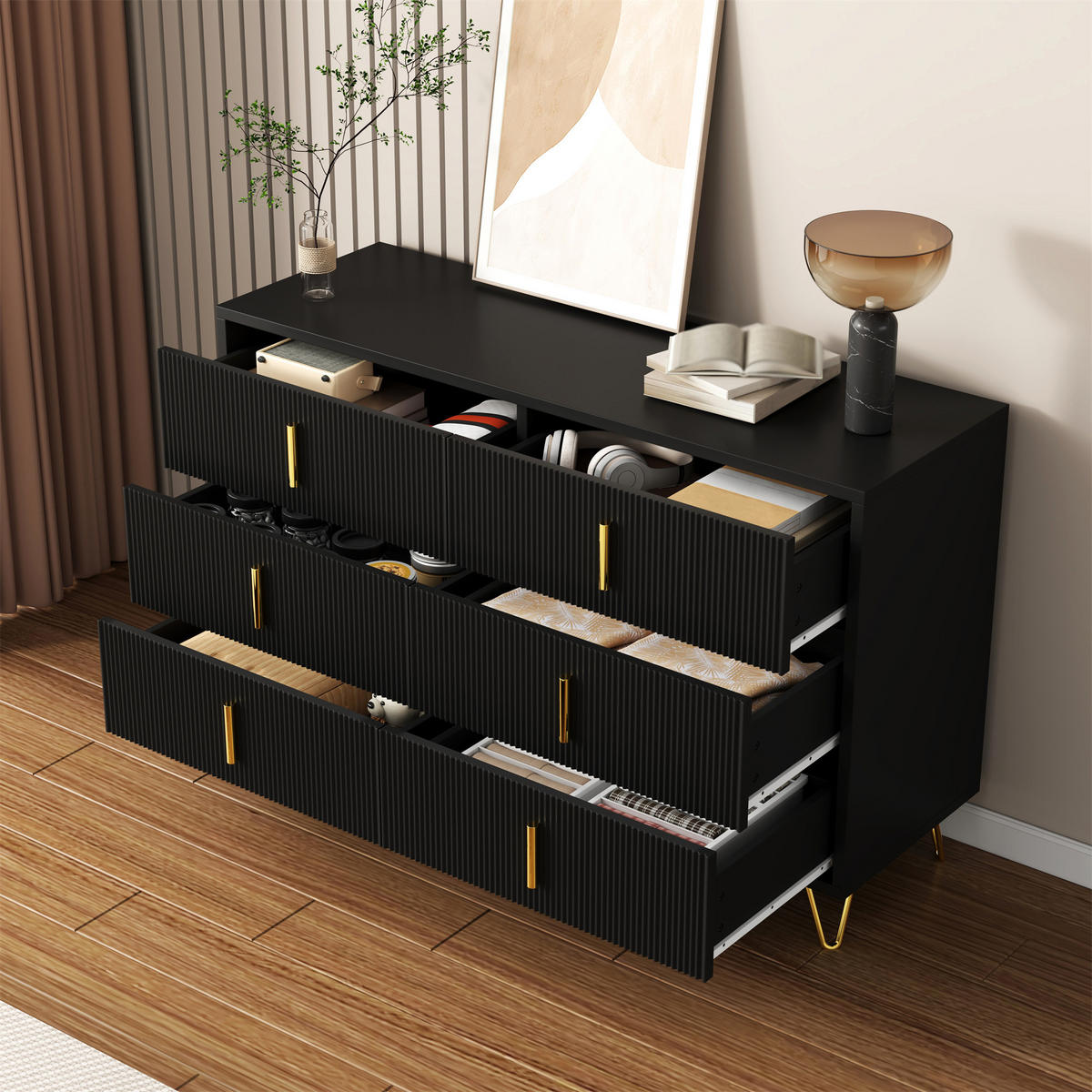 SIDEBOARD mit Wellenfront und 6 Schubladen mit Stauraum modernes Design Gold 120/77/40 cm - Goldfarben/Schwarz, Holzwerkstoff/Metall (120/77/40cm) - EVRYAE