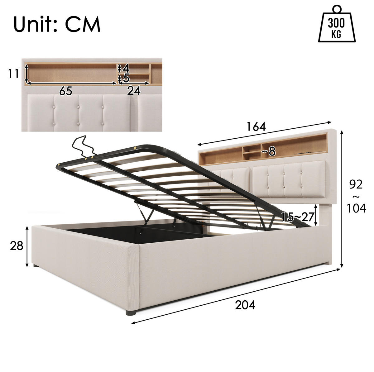 POLSTERBETT 160/200 cm Beige mit USB- und Type-C-Anschlüssen aus Leinen Mit Matratze - Beige, Textil (160/200cm) - OKWISH