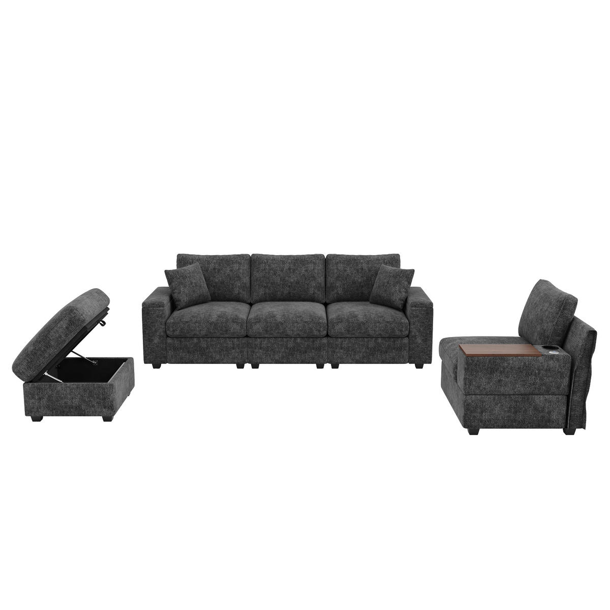 ECKSOFA 313/147/82 cm Grau mit Stauraum, USB-/Typ-C, Getränkehaltern und 360° drehbarem Couchtisch - Grau, Textil (313/147cm) - Oxeza