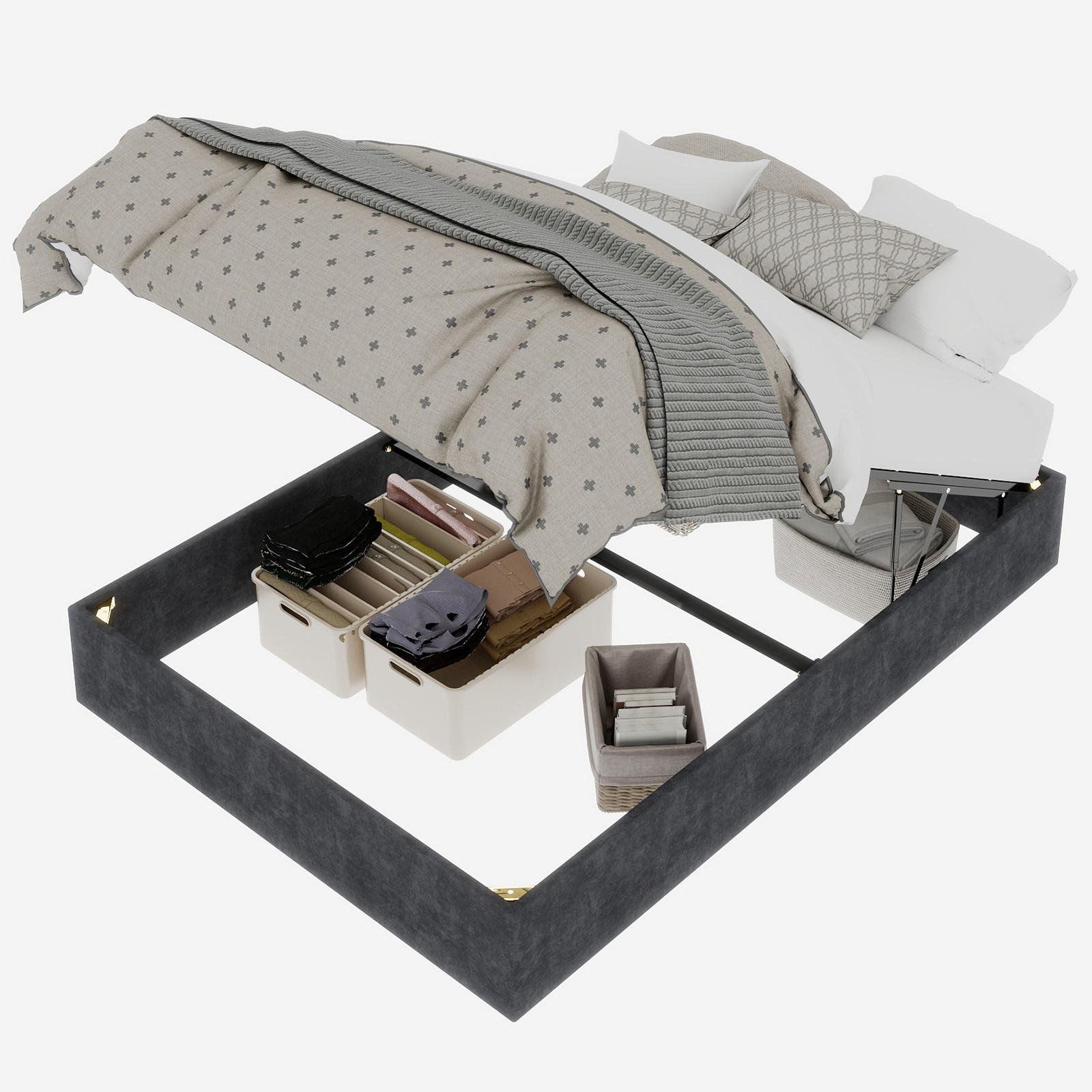 POLSTERBETT 140/200 cm, Grau, mit Gaslift, Velours - Grau, Holz (140/200cm) - SHOPENTRA