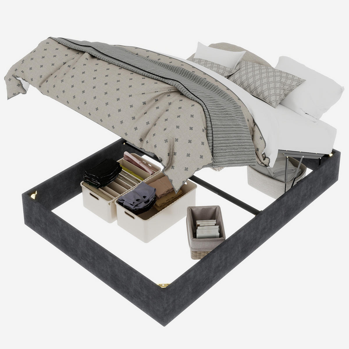 POLSTERBETT 160x200 cm Samt Stauraum hydraulisch grau - Grau, Textil (160/200cm) - LEBENLANG