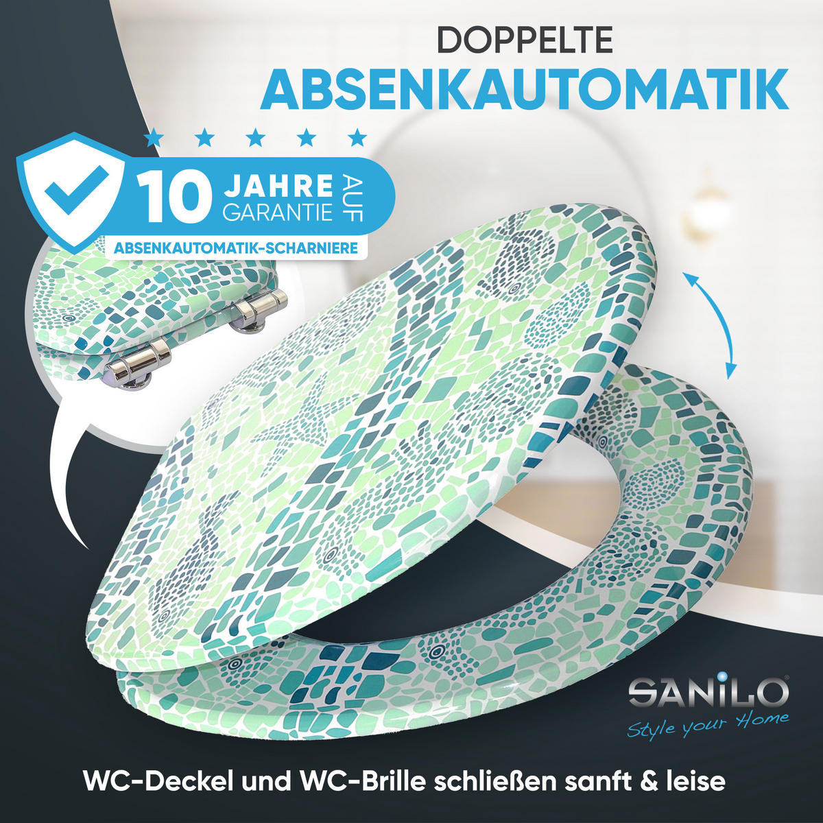 WC-SITZ Soft Close Mosaic World Green - Grün, Holzwerkstoff (38/6/47cm) - Sanilo