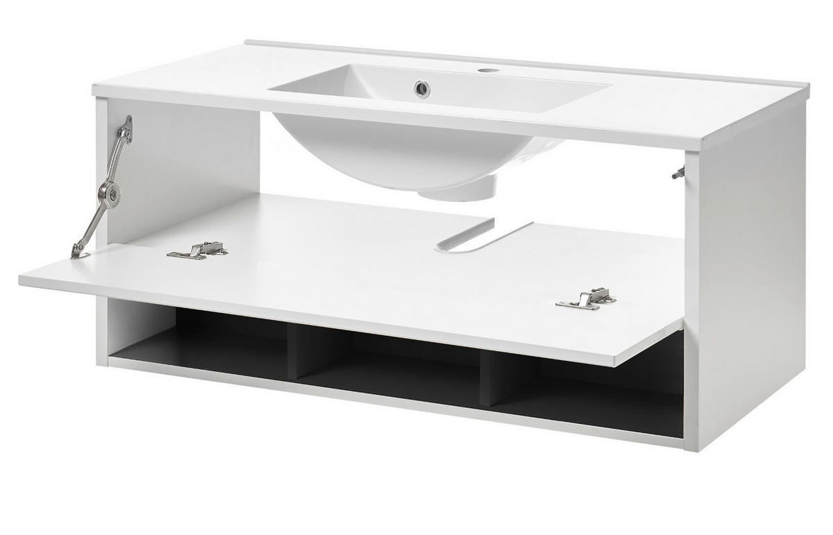 BADMÖBEL Set in weiß Hochglanz und grau mit Waschbecken und LED Beleuchtung 155 x 190 cm Glide - Weiß Hochglanz/Grau, Glas/Holzwerkstoff (155/190/47cm) - Furn.Design