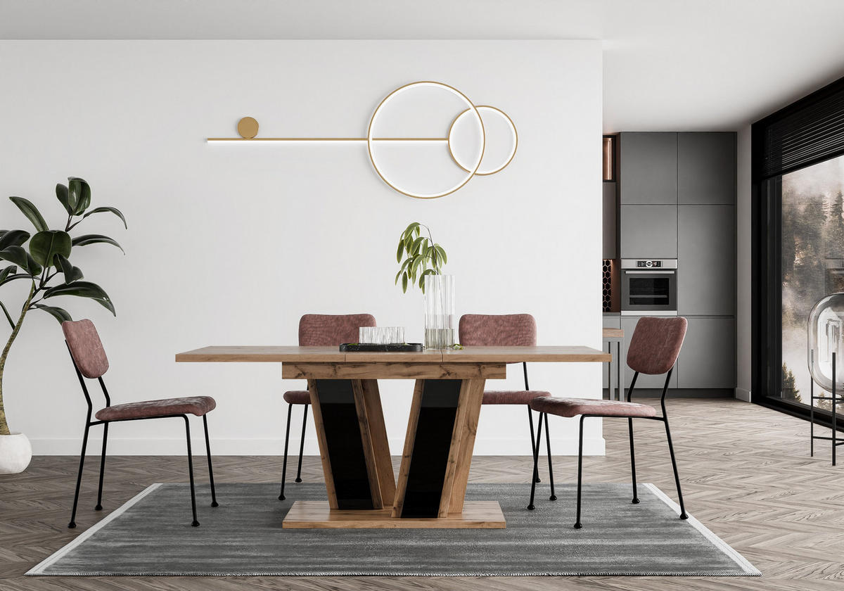 ESSTISCH BORSEN Ausziehbar 120 - 160 / 80 x 76 cm - Schwarz Hochglanz/Eiche Wotan, Holz (120/80/76cm) - MASSENO