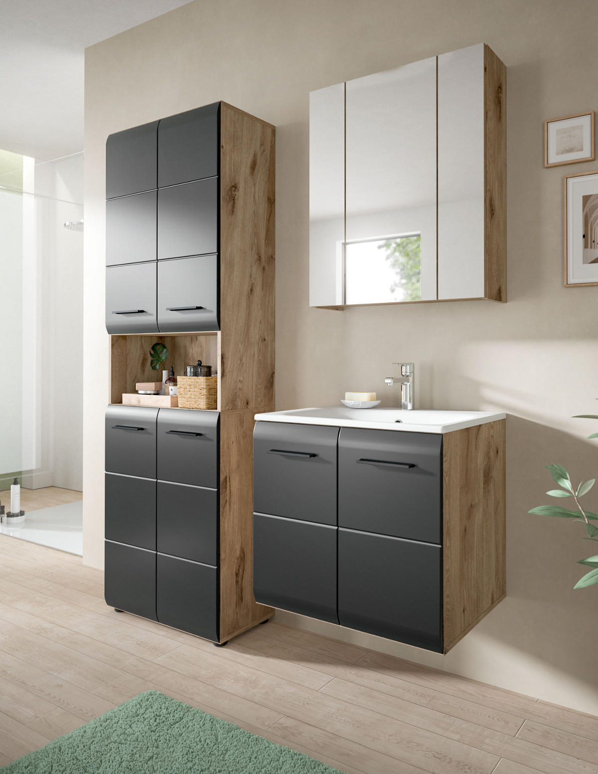 BADMÖBEL-SET 2-teilig Schwarz matt und Eiche Komplett-Set mit Waschbecken, 60 x 185 cm - Eichefarben/Schwarz, Glas/Holzwerkstoff (60/185/46cm) - Inn.Furn