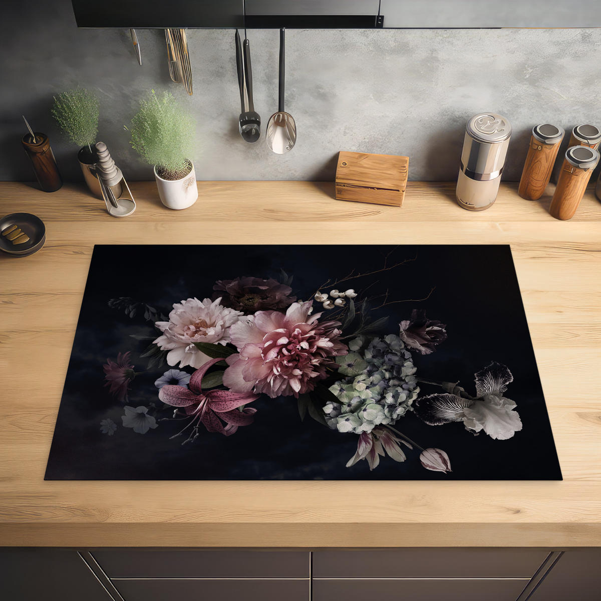 HERDABDECKPLATTE Blumen - Vintage - Pastell - Rosa - Weiß 81x52 cm - Altrosa, Kunststoff (81.6/0.2/52.7cm) - MuchoWow