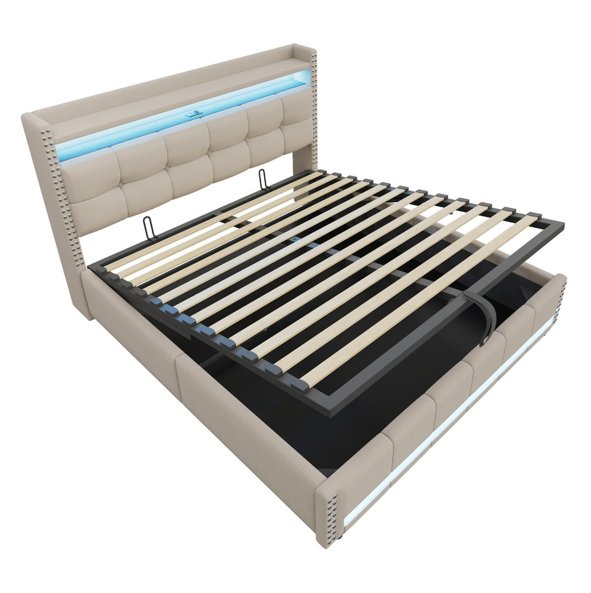 POLSTERBETT 180/200 cm Beige mit LED-Beleuchtung, USB-Steckdose und Stauraum - Beige, Textil (180/200cm) - Flora Grace
