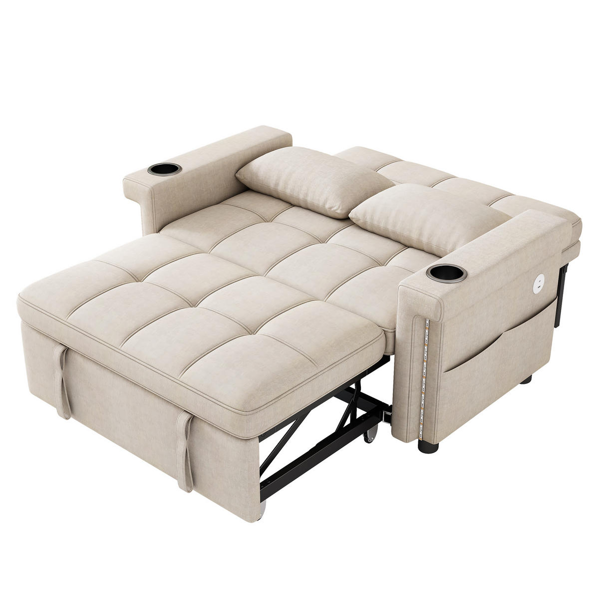 SCHLAFSOFA 2-Sitzer, Beige, Chenille, LED, USB/Type-C - Beige, Textil (141.5/90/145cm)
